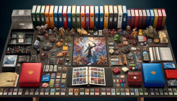 table full of different trading card game collections